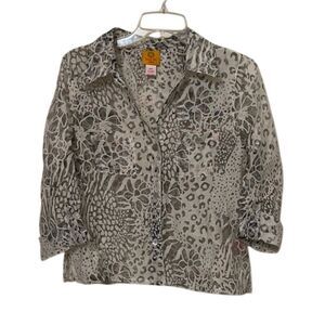Ruby Rd. White Sheer Floral Button Up Blouse Jacket Top Womens Size 12 Petite
